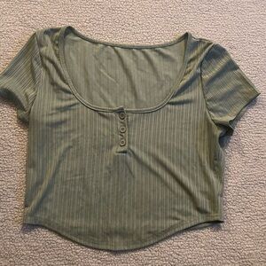 Ribbed Olive Green Button-Front Top
